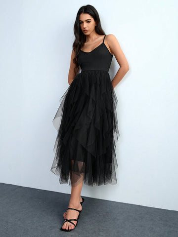 Lumivelle Sheer Mesh Splice Solid Color Fitted Sleeveless Slip Dress, Deep V-Neck Oversized A-Line Ruffle Hem Elegant Luxurious Sexy Y2K Party Dress, Suitable For Wedding, Party, Date, Summer