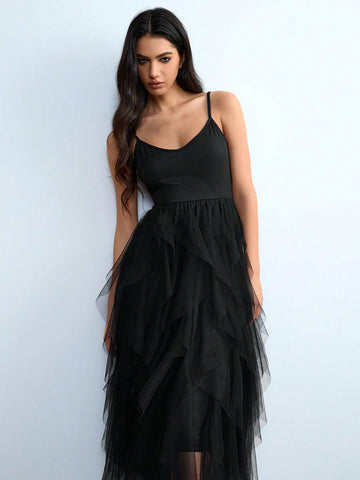 Lumivelle Sheer Mesh Splice Solid Color Fitted Sleeveless Slip Dress, Deep V-Neck Oversized A-Line Ruffle Hem Elegant Luxurious Sexy Y2K Party Dress, Suitable For Wedding, Party, Date, Summer