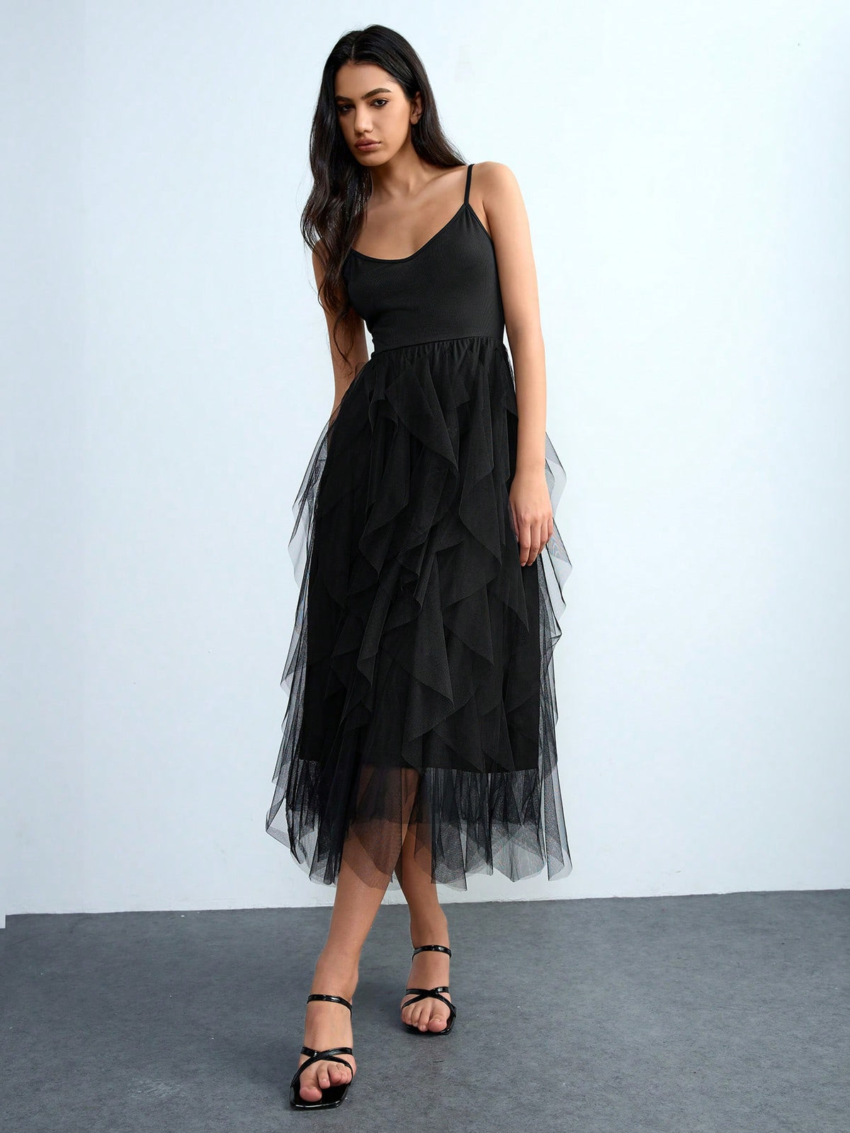 Lumivelle Sheer Mesh Splice Solid Color Fitted Sleeveless Slip Dress, Deep V-Neck Oversized A-Line Ruffle Hem Elegant Luxurious Sexy Y2K Party Dress, Suitable For Wedding, Party, Date, Summer