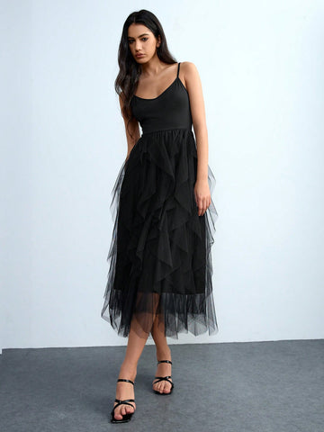 Lumivelle Sheer Mesh Splice Solid Color Fitted Sleeveless Slip Dress, Deep V-Neck Oversized A-Line Ruffle Hem Elegant Luxurious Sexy Y2K Party Dress, Suitable For Wedding, Party, Date, Summer