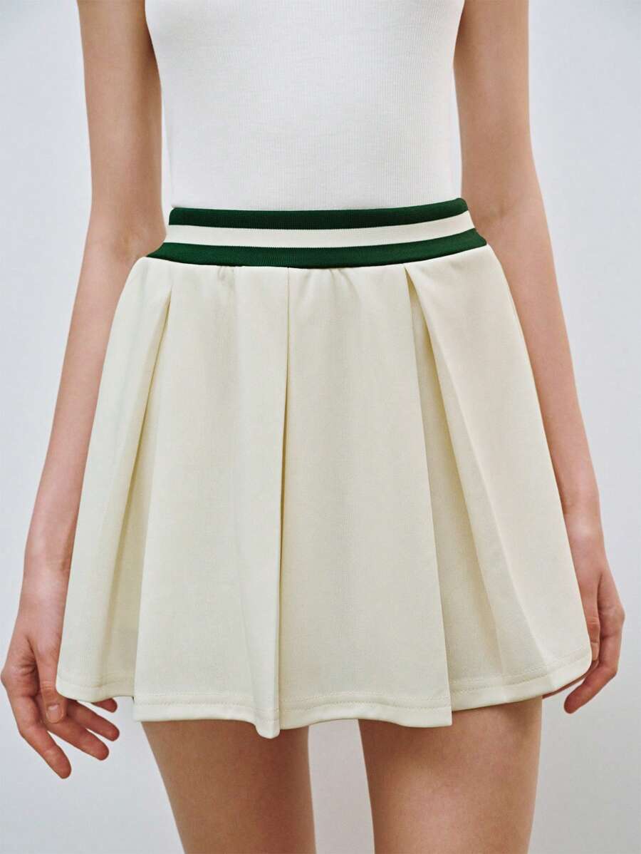 Lumivelle Sweet & Fashion Color-Block High Waist A-Line Wide Pleat Knee-Length Knit Women Skirt