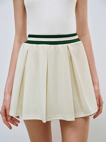 Lumivelle Sweet & Fashion Color-Block High Waist A-Line Wide Pleat Knee-Length Knit Women Skirt