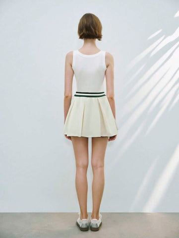 Lumivelle Sweet & Fashion Color-Block High Waist A-Line Wide Pleat Knee-Length Knit Women Skirt