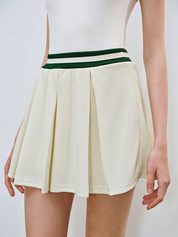 Lumivelle Sweet & Fashion Color-Block High Waist A-Line Wide Pleat Knee-Length Knit Women Skirt