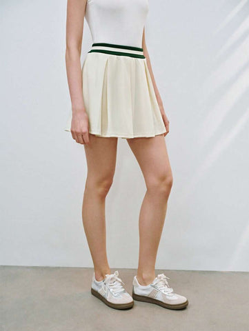 Lumivelle Sweet & Fashion Color-Block High Waist A-Line Wide Pleat Knee-Length Knit Women Skirt