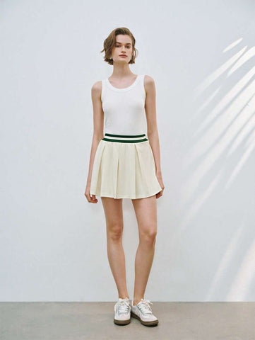 Lumivelle Sweet & Fashion Color-Block High Waist A-Line Wide Pleat Knee-Length Knit Women Skirt