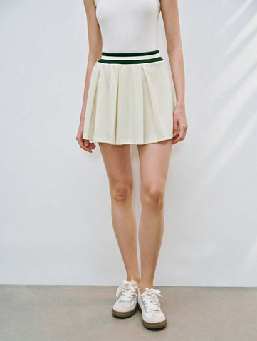 Lumivelle Sweet & Fashion Color-Block High Waist A-Line Wide Pleat Knee-Length Knit Women Skirt
