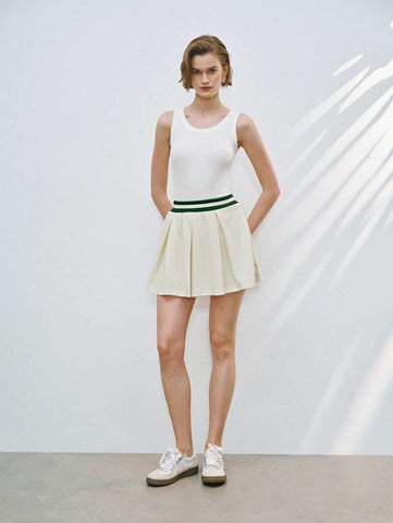 Lumivelle Sweet & Fashion Color-Block High Waist A-Line Wide Pleat Knee-Length Knit Women Skirt