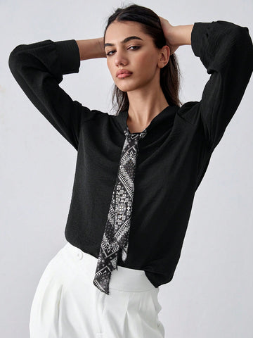 Textured Fabric Contrast Color Shirt With Long Sleeve, Suitable For Commute