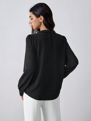Textured Fabric Contrast Color Shirt With Long Sleeve, Suitable For Commute