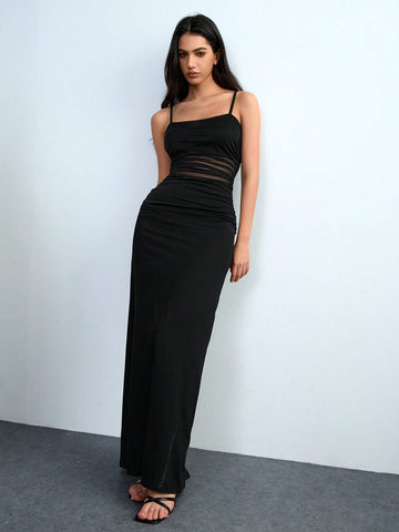 Lumivelle Transparent Layered Mesh Patchwork Solid Color Spaghetti Strap V-Neck Bodycon High Split Dress, Elegant Sexy Illusion Cutout For Party, Date, Y2K Style, Spring/Summer