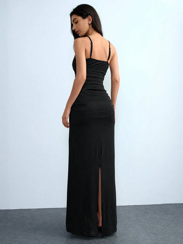 Lumivelle Transparent Layered Mesh Patchwork Solid Color Spaghetti Strap V-Neck Bodycon High Split Dress, Elegant Sexy Illusion Cutout For Party, Date, Y2K Style, Spring/Summer