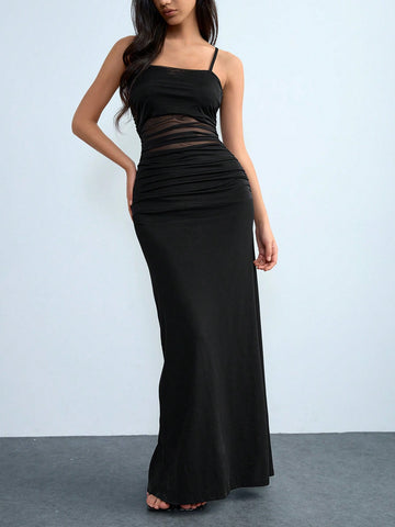 Lumivelle Transparent Layered Mesh Patchwork Solid Color Spaghetti Strap V-Neck Bodycon High Split Dress, Elegant Sexy Illusion Cutout For Party, Date, Y2K Style, Spring/Summer