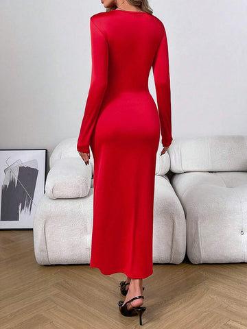 Lumivelle Valentine's Day Twist Knot V-Neck Form-Fitting Elegant Women Long Sleeve Dress