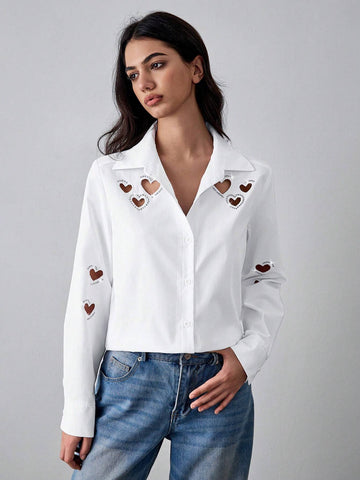 Lumivelle White Shirt With Embroidery, Rhinestone, Hollow-Out Love Decoration And Turn-Down Collar
