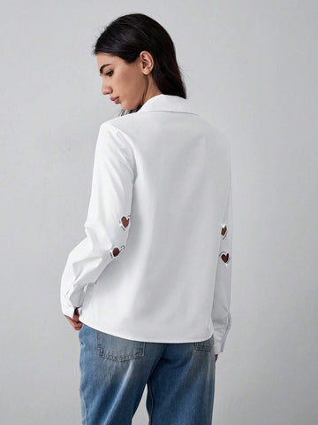 Lumivelle White Shirt With Embroidery, Rhinestone, Hollow-Out Love Decoration And Turn-Down Collar