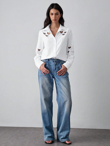 Lumivelle White Shirt With Embroidery, Rhinestone, Hollow-Out Love Decoration And Turn-Down Collar