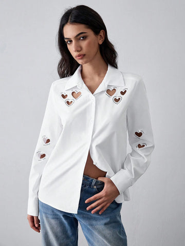 Lumivelle White Shirt With Embroidery, Rhinestone, Hollow-Out Love Decoration And Turn-Down Collar