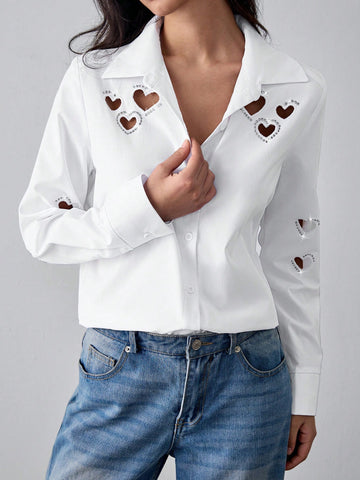 Lumivelle White Shirt With Embroidery, Rhinestone, Hollow-Out Love Decoration And Turn-Down Collar