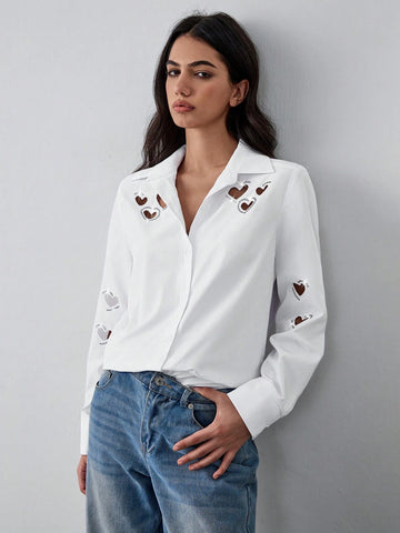 Lumivelle White Shirt With Embroidery, Rhinestone, Hollow-Out Love Decoration And Turn-Down Collar