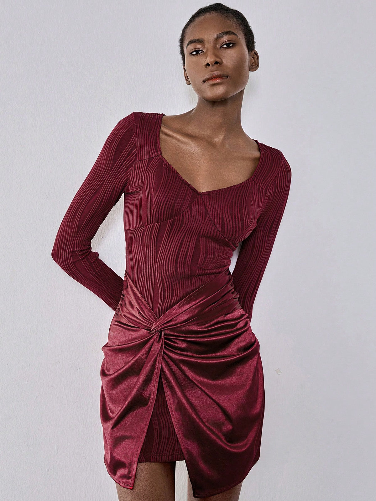 Lumivelle Wine Red Square Neck Textured Twist Hem Knit Dress, Bodycon Waist Sexy Midi Dress