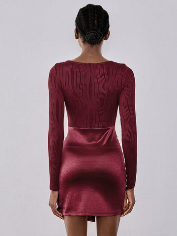 Lumivelle Wine Red Square Neck Textured Twist Hem Knit Dress, Bodycon Waist Sexy Midi Dress