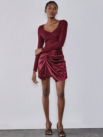 Lumivelle Wine Red Square Neck Textured Twist Hem Knit Dress, Bodycon Waist Sexy Midi Dress