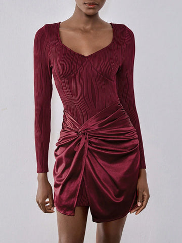 Lumivelle Wine Red Square Neck Textured Twist Hem Knit Dress, Bodycon Waist Sexy Midi Dress