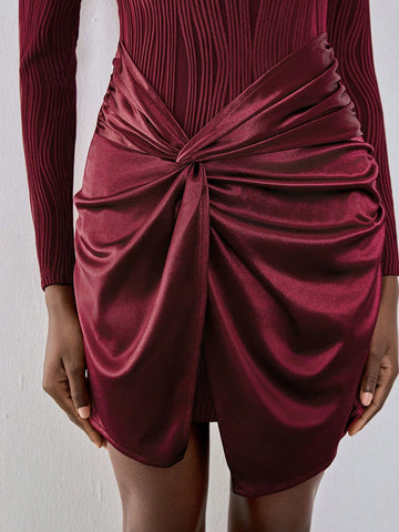 Lumivelle Wine Red Square Neck Textured Twist Hem Knit Dress, Bodycon Waist Sexy Midi Dress