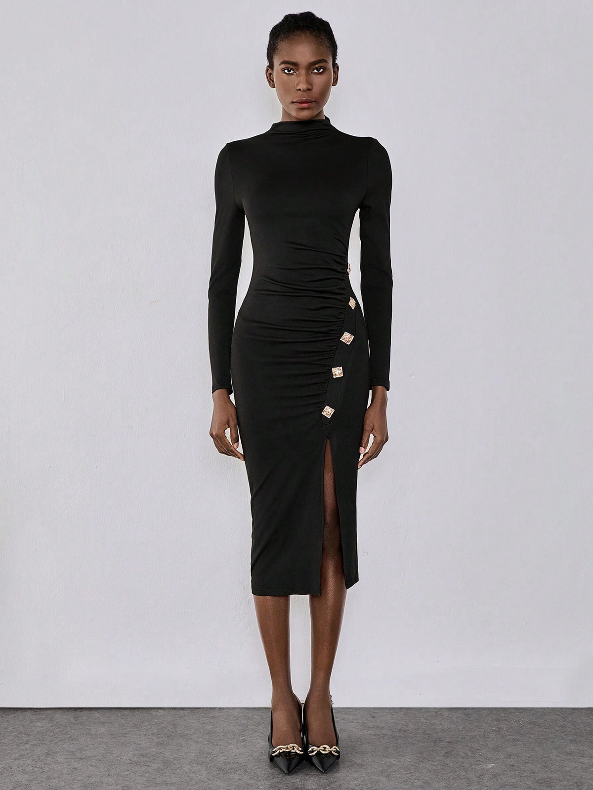 Lumivelle Women Metal Buckle Decor Dress, Black Knitted Bodycon Stretch Dress, Button Decor Side Split Bodycon Dress