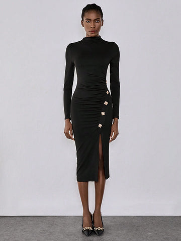 Lumivelle Women Metal Buckle Decor Dress, Black Knitted Bodycon Stretch Dress, Button Decor Side Split Bodycon Dress
