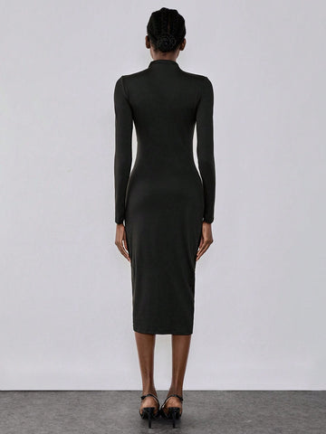 Lumivelle Women Metal Buckle Decor Dress, Black Knitted Bodycon Stretch Dress, Button Decor Side Split Bodycon Dress