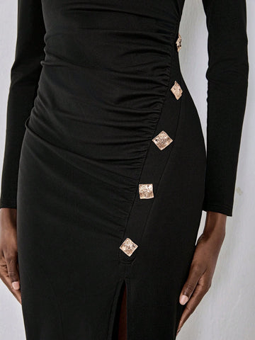 Lumivelle Women Metal Buckle Decor Dress, Black Knitted Bodycon Stretch Dress, Button Decor Side Split Bodycon Dress