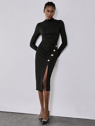 Lumivelle Women Metal Buckle Decor Dress, Black Knitted Bodycon Stretch Dress, Button Decor Side Split Bodycon Dress