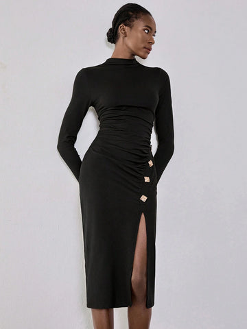 Lumivelle Women Metal Buckle Decor Dress, Black Knitted Bodycon Stretch Dress, Button Decor Side Split Bodycon Dress