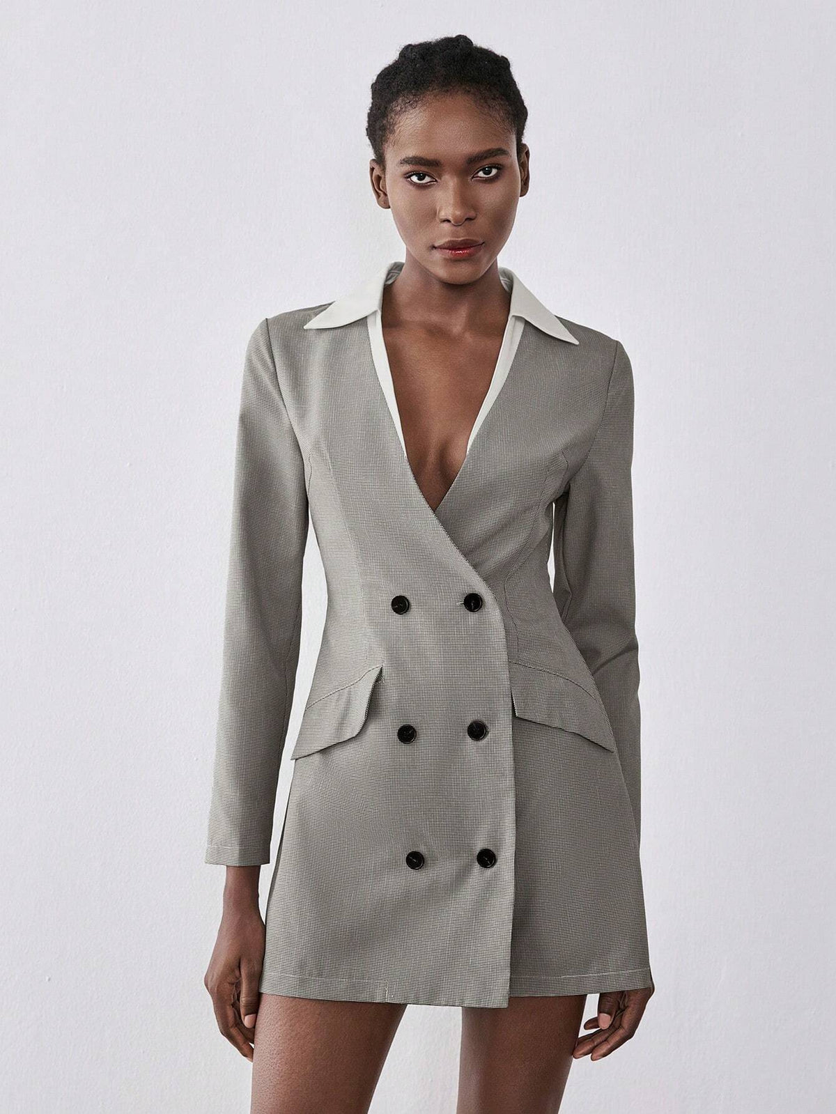 Lumivelle Women's V-Neck Colorblock Plaid Pattern Waist Fit & Flare Long Sleeve Dress