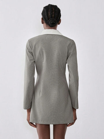 Lumivelle Women's V-Neck Colorblock Plaid Pattern Waist Fit & Flare Long Sleeve Dress