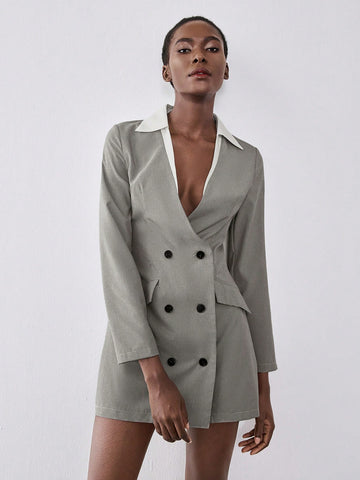 Lumivelle Women's V-Neck Colorblock Plaid Pattern Waist Fit & Flare Long Sleeve Dress