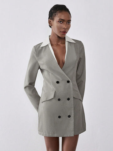 Lumivelle Women's V-Neck Colorblock Plaid Pattern Waist Fit & Flare Long Sleeve Dress