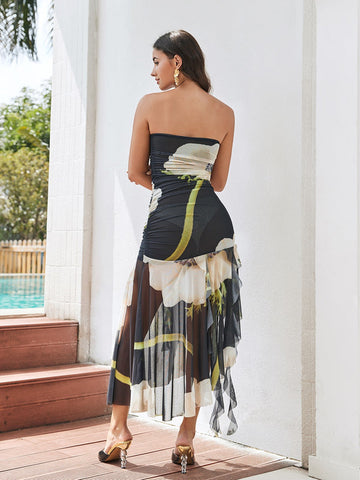 Lunaria Patchwork Strapless Floral Printed Dress