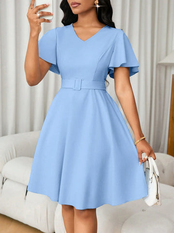 Lunessa Women's Elegant Minimalist Solid Color Ruffle Sleeve A-Line Dress, Summer