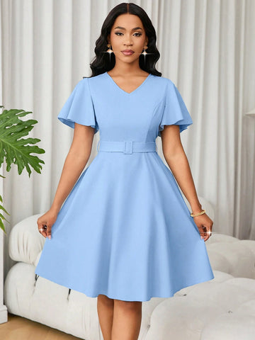 Lunessa Women's Elegant Minimalist Solid Color Ruffle Sleeve A-Line Dress, Summer