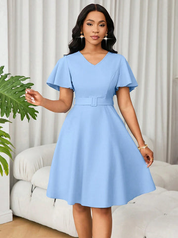 Lunessa Women's Elegant Minimalist Solid Color Ruffle Sleeve A-Line Dress, Summer