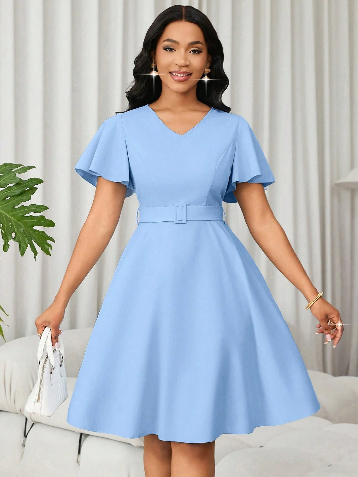 Lunessa Women's Elegant Minimalist Solid Color Ruffle Sleeve A-Line Dress, Summer