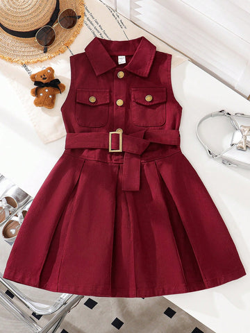 Young Girl' Denim Sleeveless Dress With Shirt Collar, Pocket Stylish Denim Princess Dress