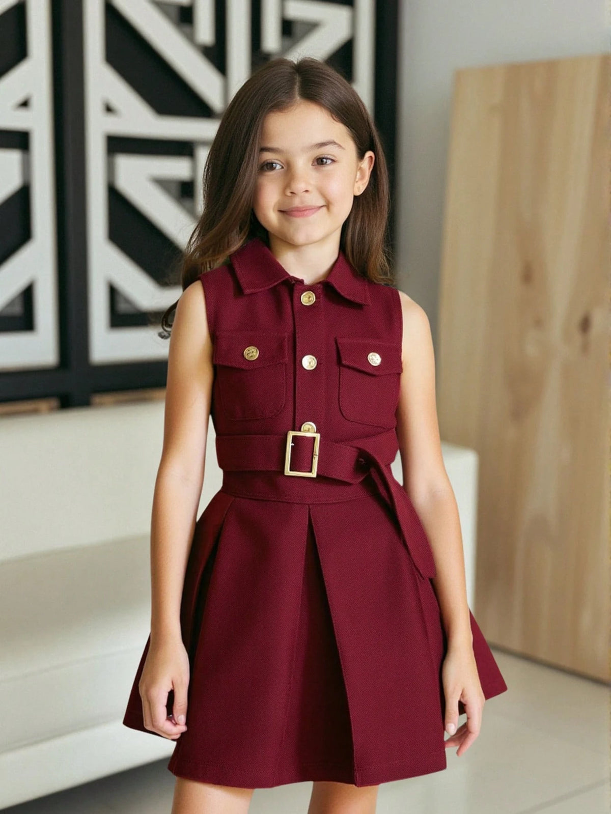 Young Girl' Denim Sleeveless Dress With Shirt Collar, Pocket Stylish Denim Princess Dress