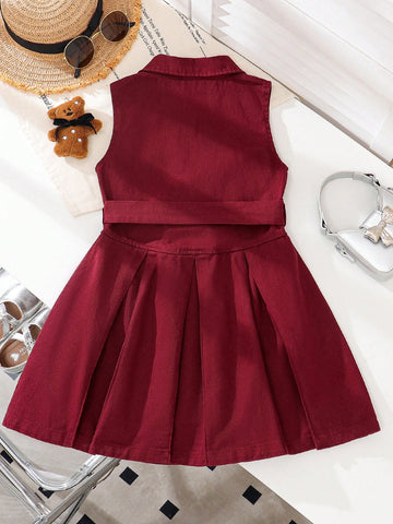 Young Girl' Denim Sleeveless Dress With Shirt Collar, Pocket Stylish Denim Princess Dress