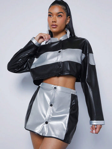 Luxe Colorblock Detachable Jacket & Skirt Set