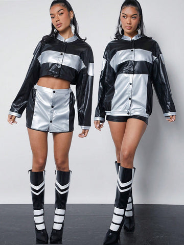 Luxe Colorblock Detachable Jacket & Skirt Set