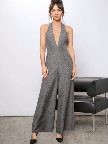 Luxe Plunging Neck Halter Wide Leg Jumpsuit